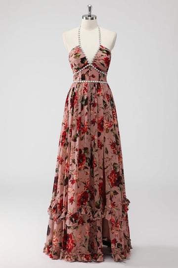 Dusty Rose Halter Flowers Une Ligne Robe d’invité de mariage avec fente